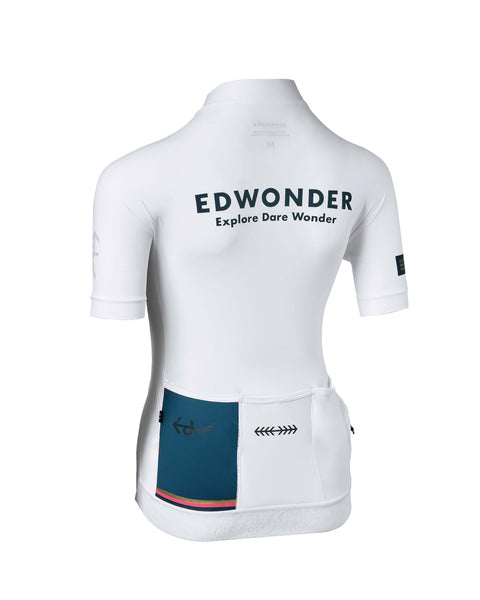 Back view of Women's EdW Edition Jersey 2.0 in white with reinforced pockets and minimalist design.