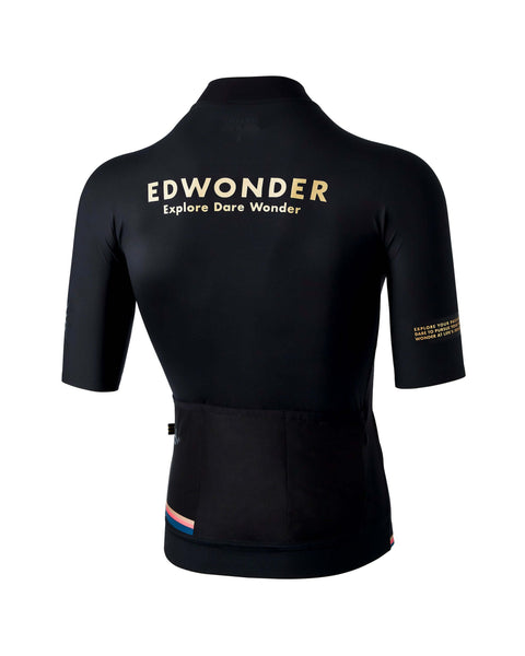 Men's EdW Edition Jersey in black with 'Explore Dare Wonder' text on the back, designed for comfort and performance.